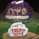Photo circulating on social media of the defaced Spirit Rock on James Madison University’s campus in Harrisonburg, Va. As seen in the top image, members of Omega Psi Phi Fraternity had painted the rock in honor of Jeffrey Matthews, a recently deceased member, only to find it quickly repainted in support of presidential candidate Donald Trump.
Instagram